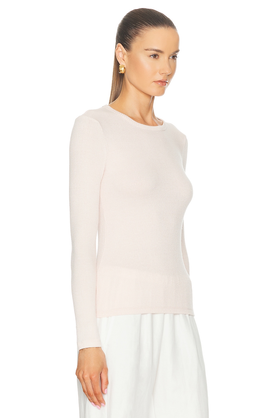 Shop Sablyn Quincy Long Sleeve Fitted Crewneck Top In Mallow