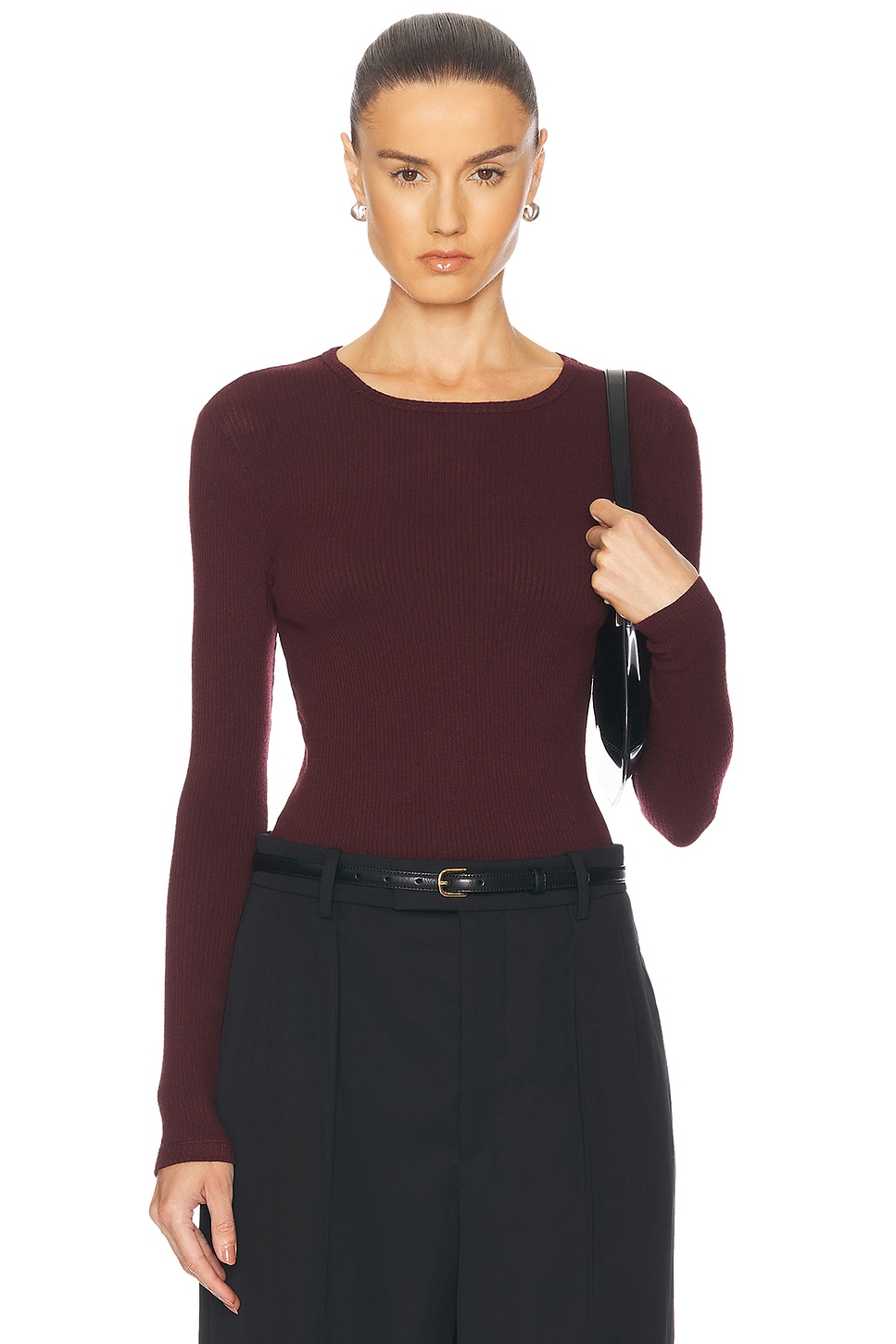 Quincy Long Sleeve Fitted Crewneck Top in Burgundy