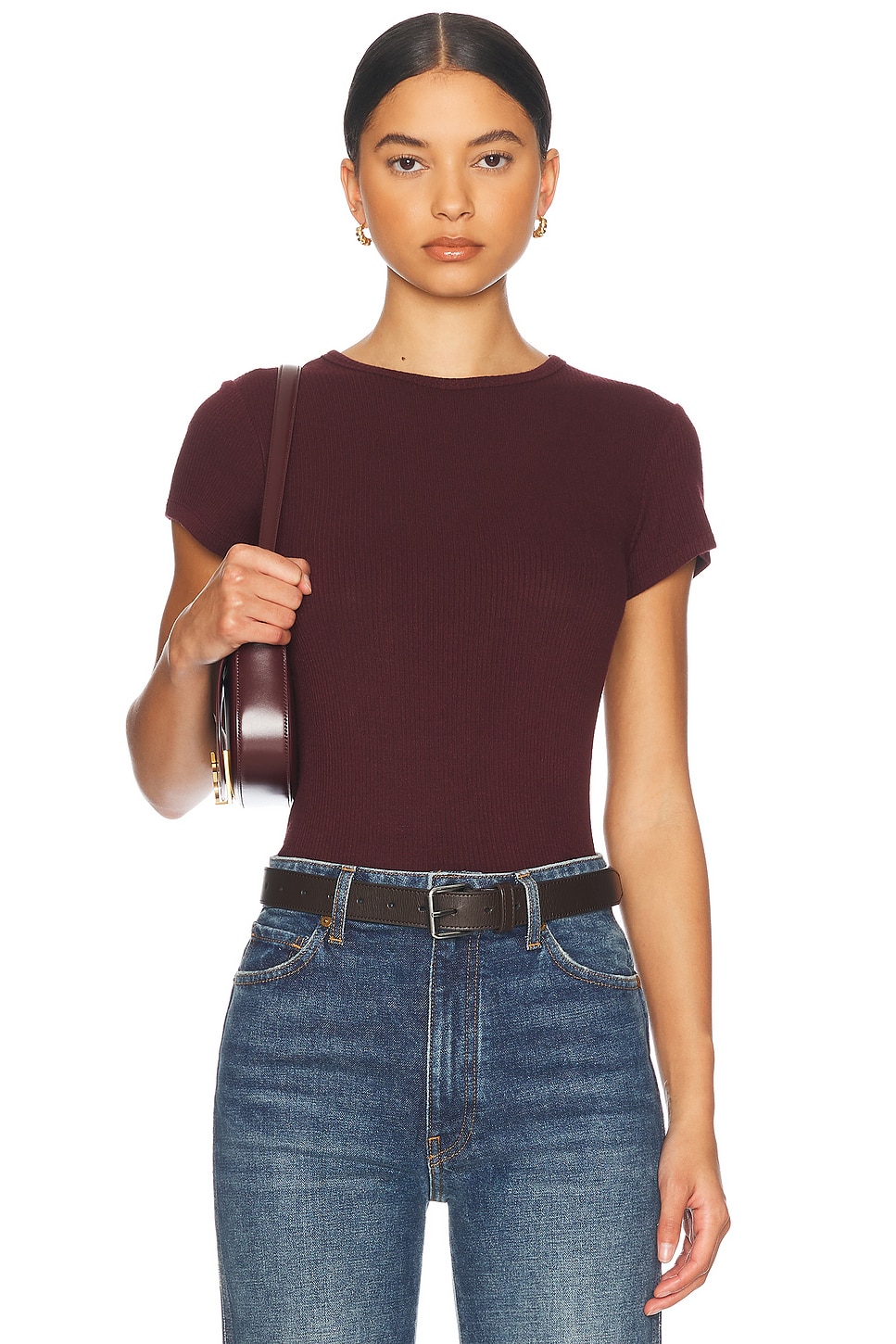 Image 1 of SABLYN Yael Cropped Crewneck Baby Tee in Bordeaux