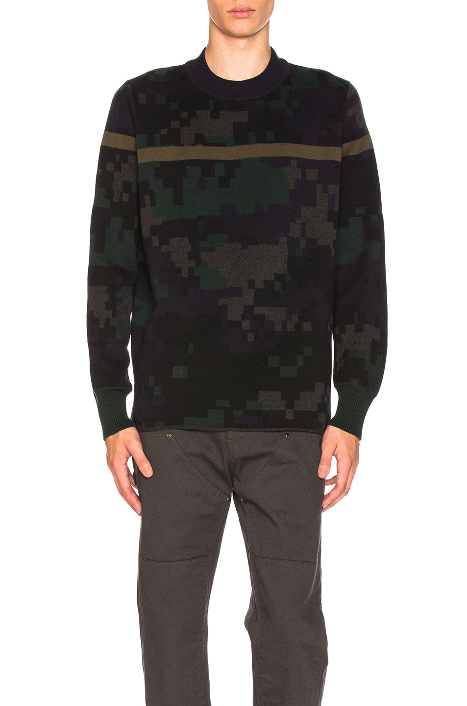 Image 1 of Sacai Camouflage Sweater in Black, Navy & Green