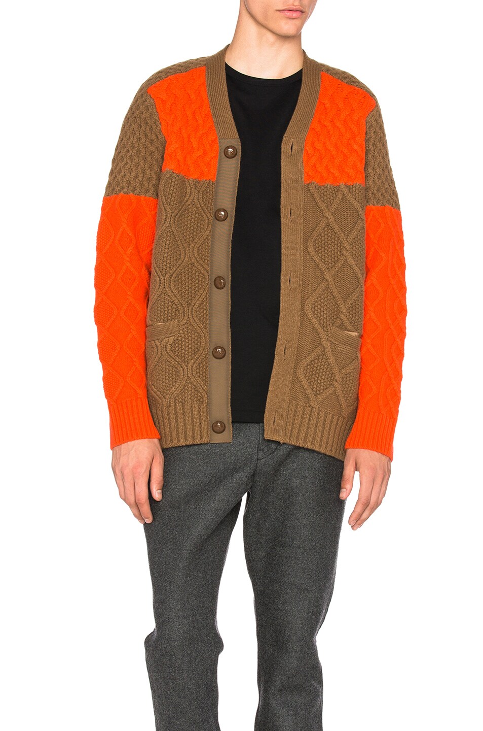 Image 1 of Sacai Cable Knit Cardigan in Camel & Orange