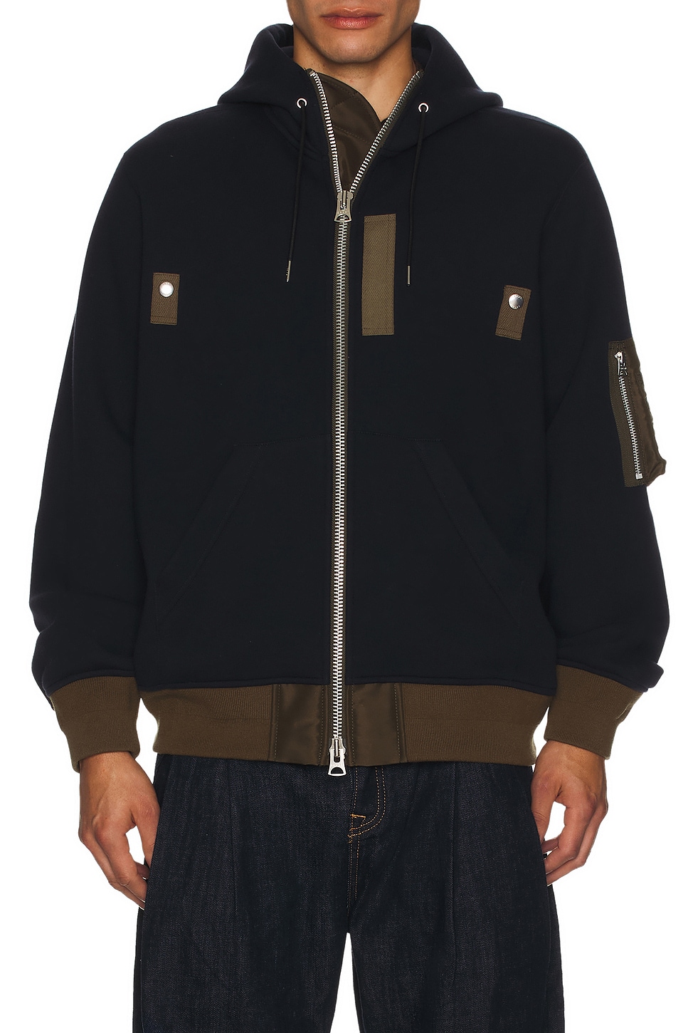Image 3 of Sacai Sponge Sweat Hoodie in Navy & Dark Khaki