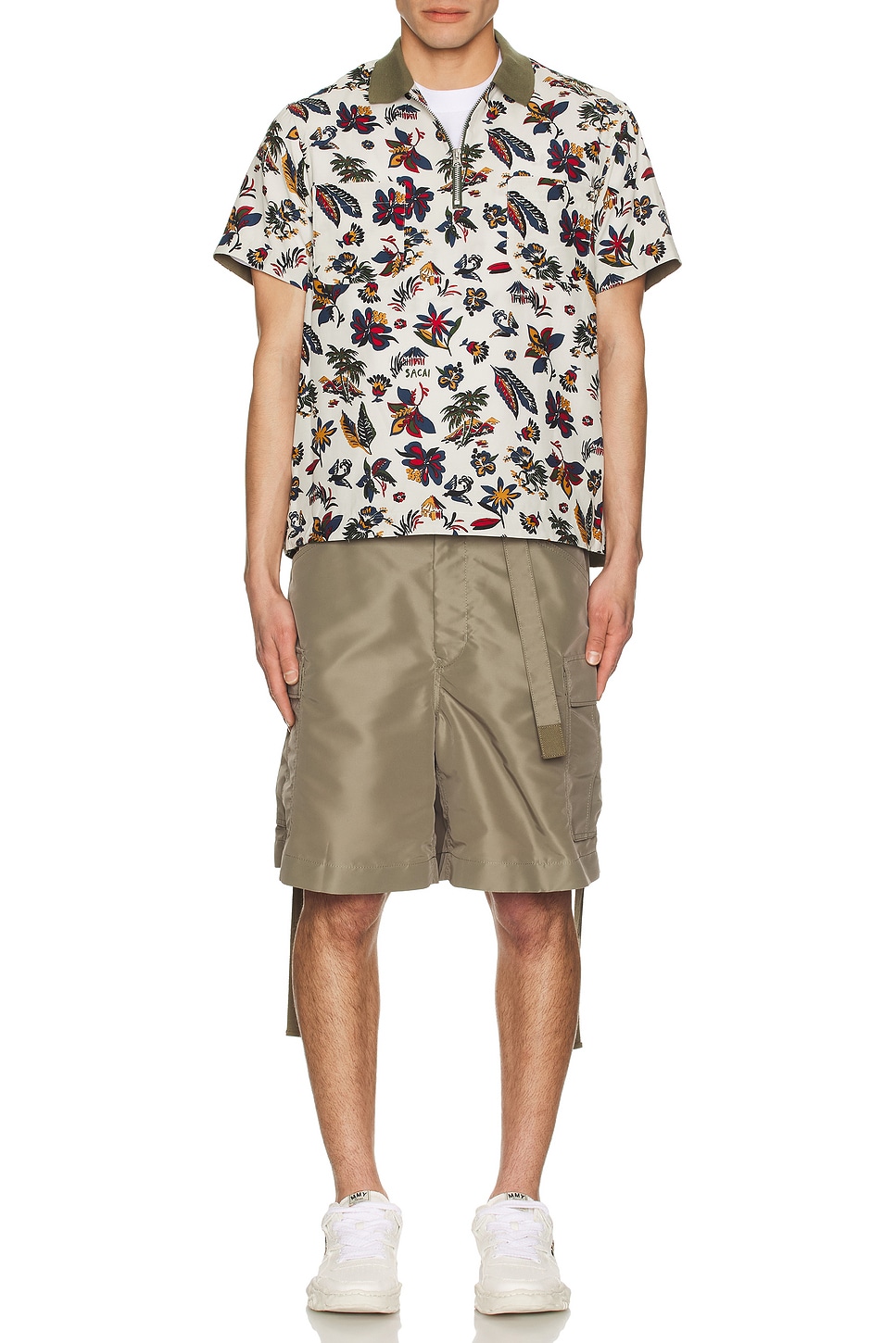 Image 1 of Sacai Car Race Tropical Print Polo Shirt in Ivory Tropical