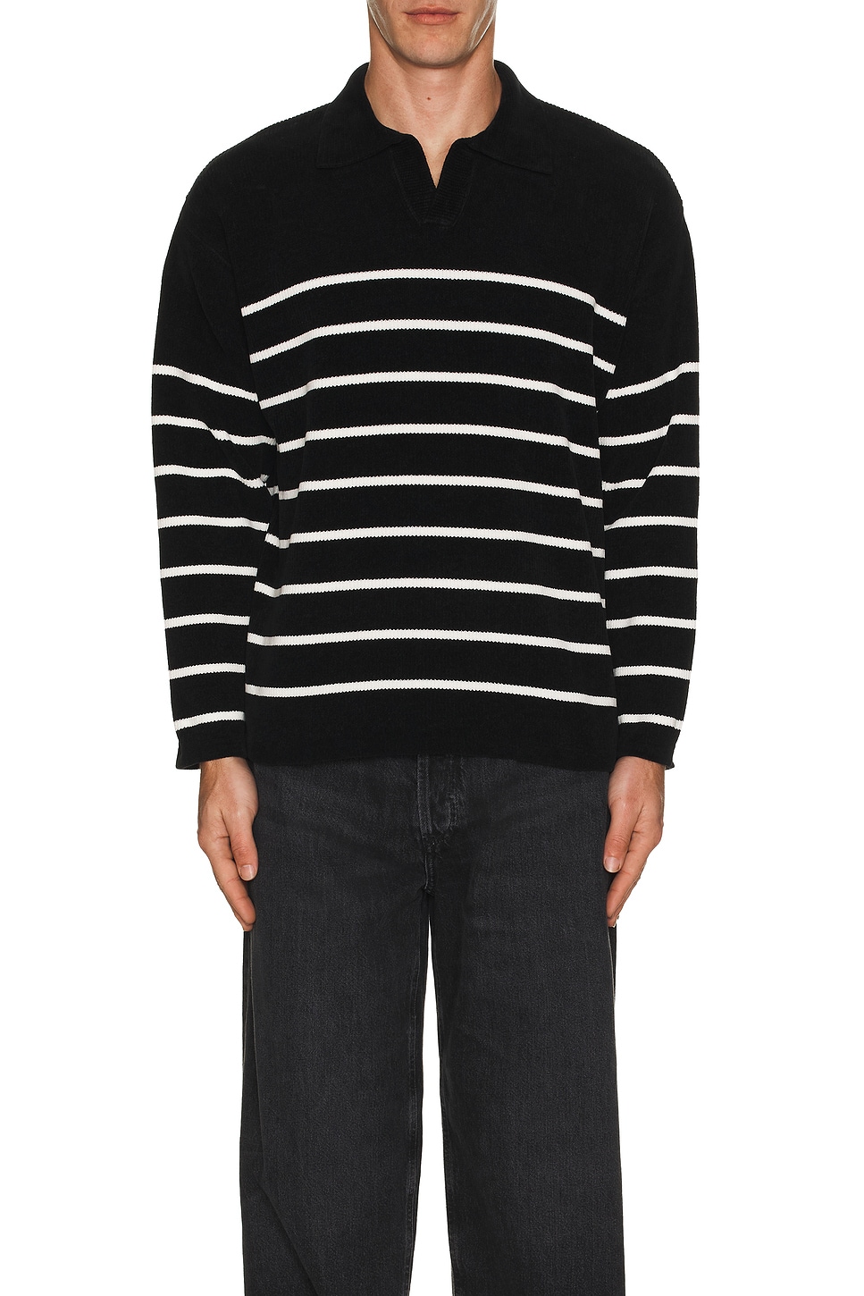 Image 1 of SATURDAYS NYC Mole Yarn Stripe Skipper Knit Polo in Black