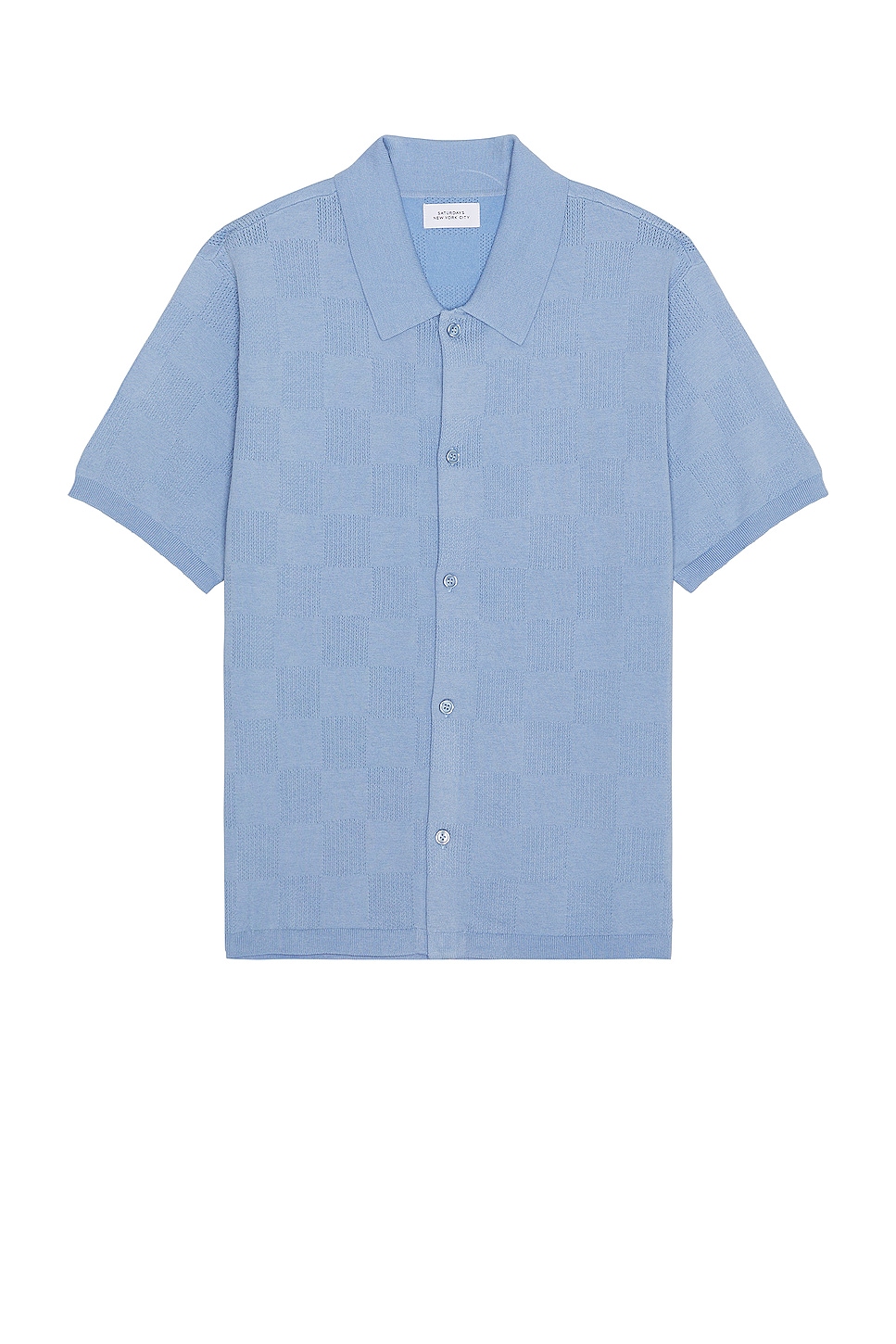 Image 1 of SATURDAYS NYC Kenneth Checkerboard Knit Short Sleeve Shirt in Forever Blue
