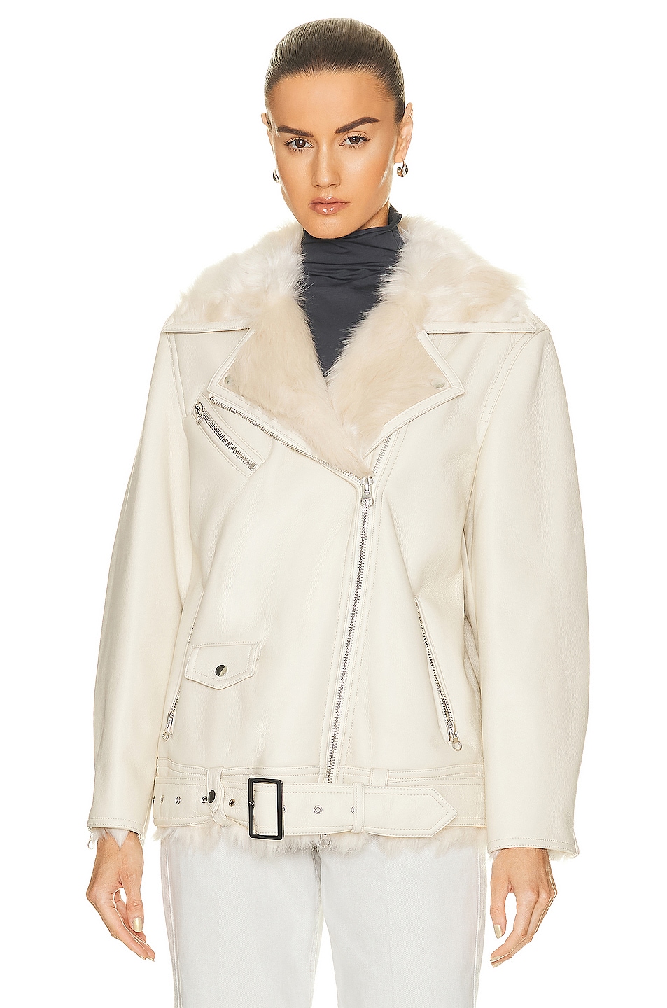 Image 1 of STAND STUDIO Carrie Faux Shearling Biker Jacket in Off White