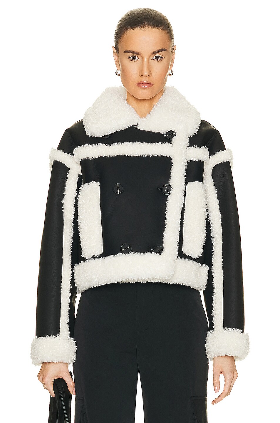 Image 1 of STAND STUDIO Kristy Faux Shearling Jacket in Black & Off White