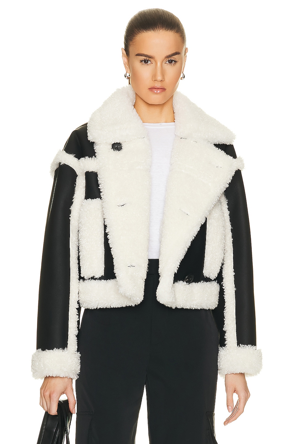 STAND STUDIO Kristy Faux Shearling Jacket in Black & Off White | FWRD