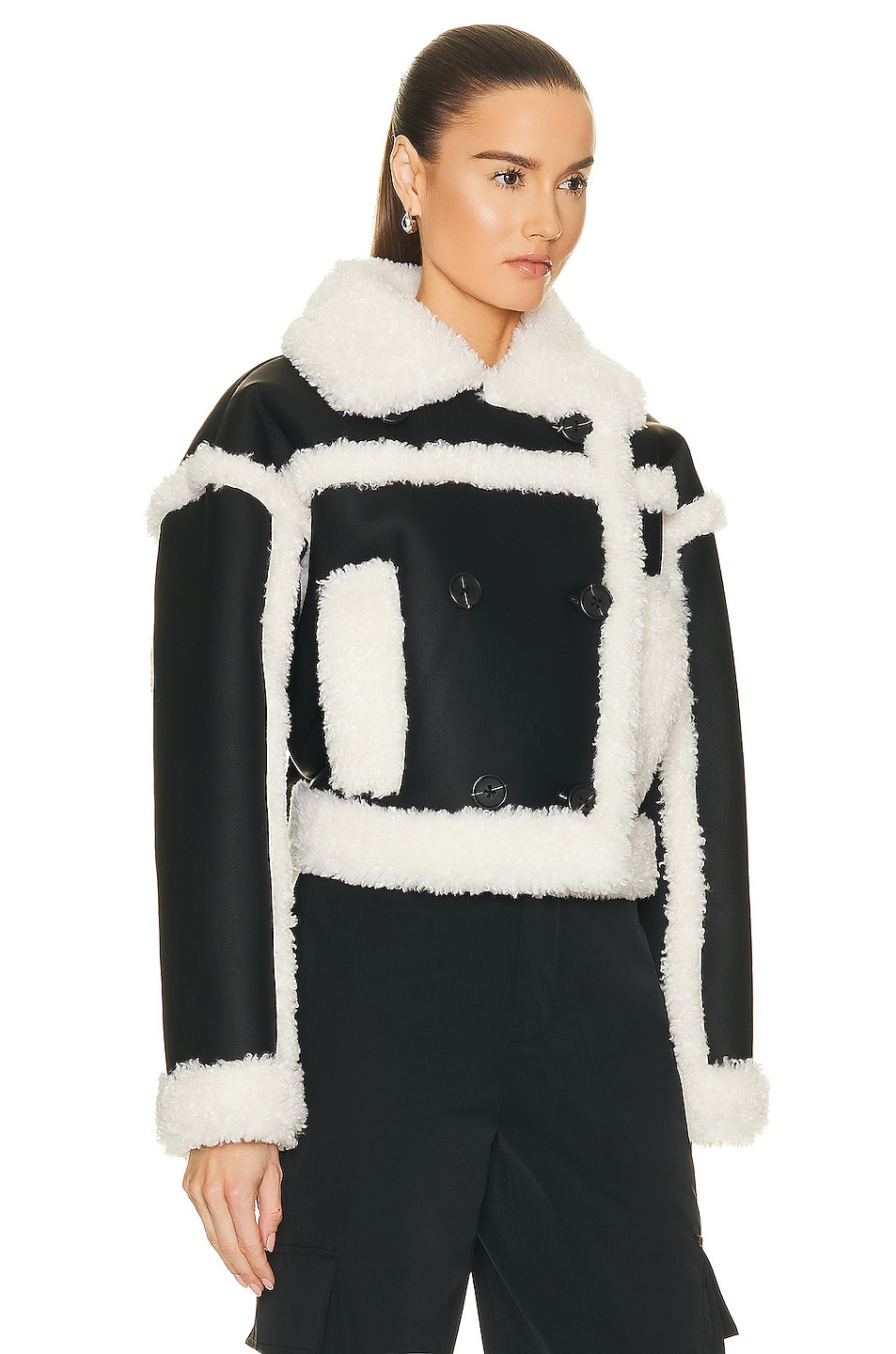 STAND STUDIO Kristy Faux Shearling Jacket in Black & Off White FWRD
