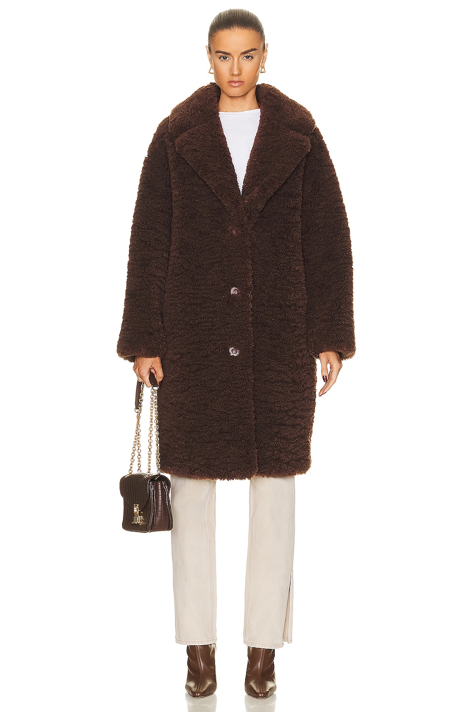 Image 1 of STAND STUDIO Anika Faux Shearling Coat in Dark Brown & Off White