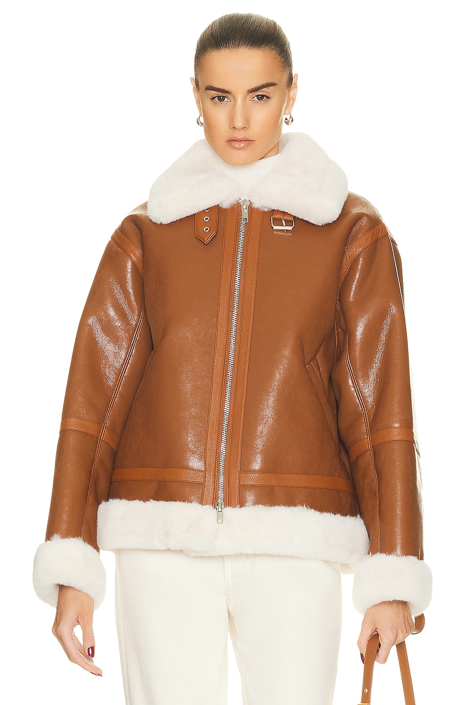 Image 1 of STAND STUDIO Raina Faux Shearling Jacket in Brown & Off White