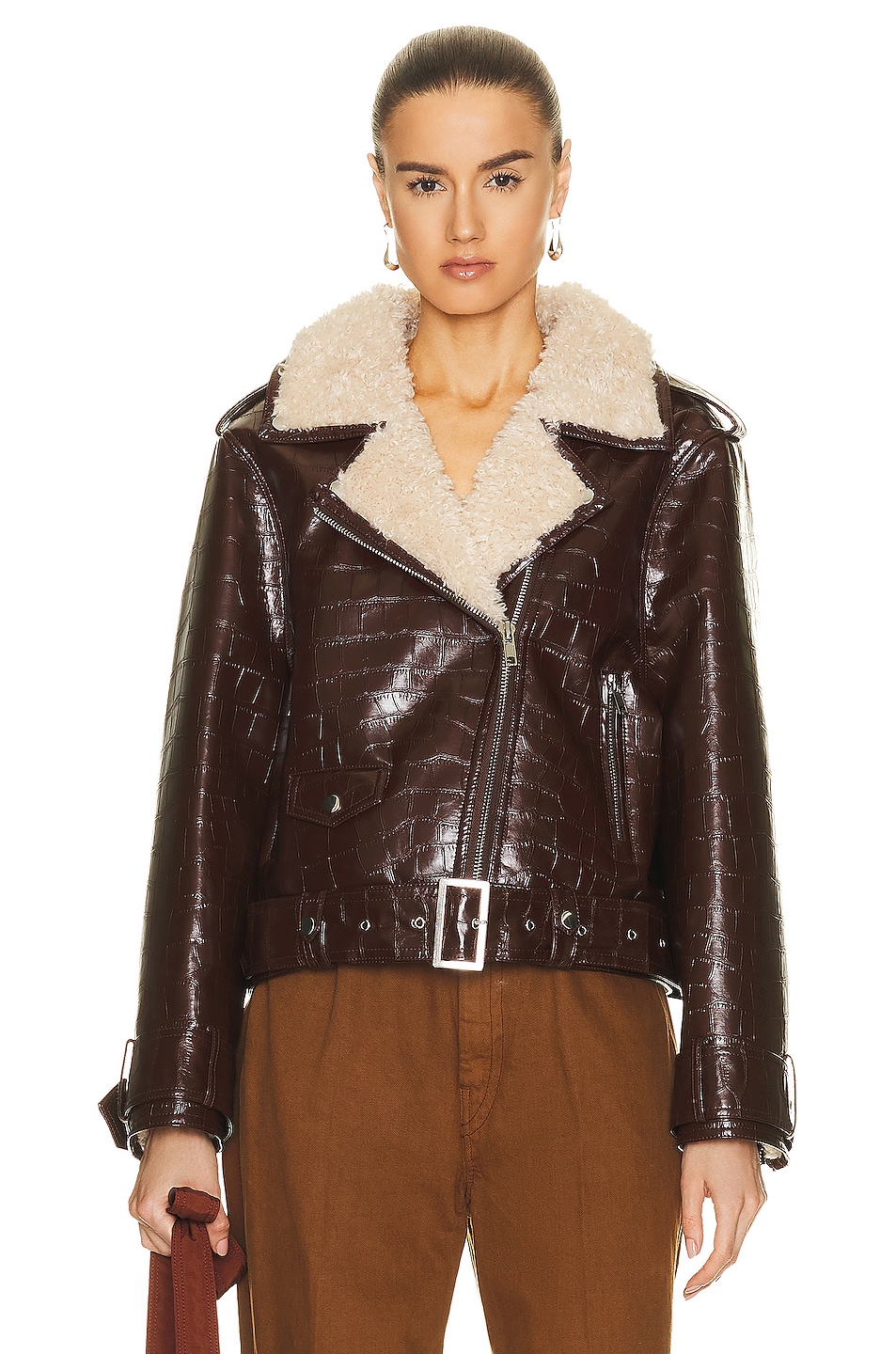 Image 1 of STAND STUDIO Johanna Faux Shearling Biker Jacket in Brown & Sand