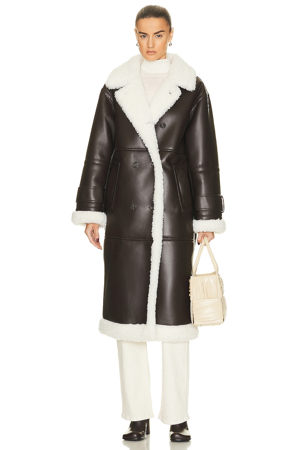 Image 1 of STAND STUDIO Hayley Faux Shearling Coat in Brown & Off White