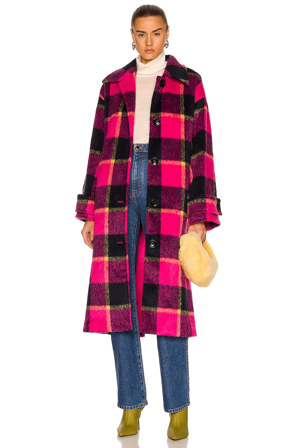 STAND STUDIO Alexia Long Coat in Pink, Blue, & Yellow Check | FWRD