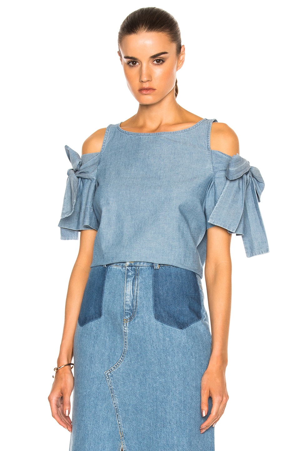 Image 1 of Sea Shoulder Bow Short Sleeve Top in Blue