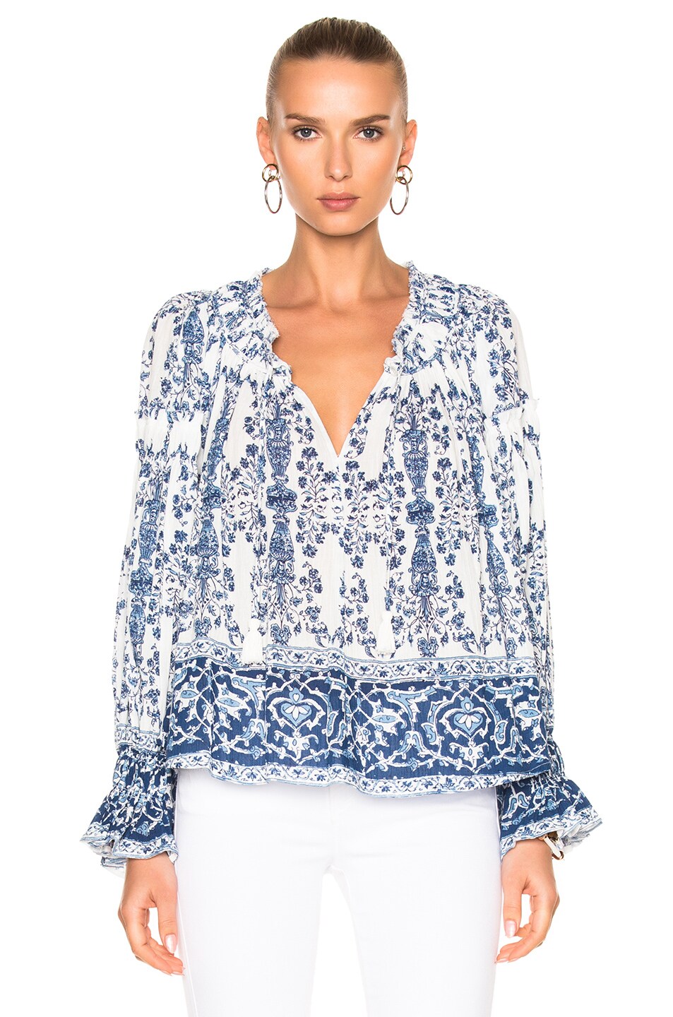 Image 1 of Sea Ines Long Sleeve Smocked Top in Blue & White