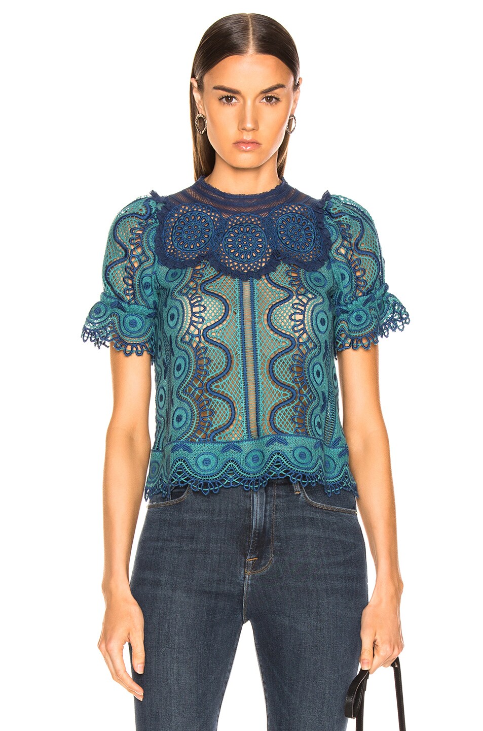 Image 1 of Sea Lola Lace Puff Sleeve Top in Teal Blue Multi