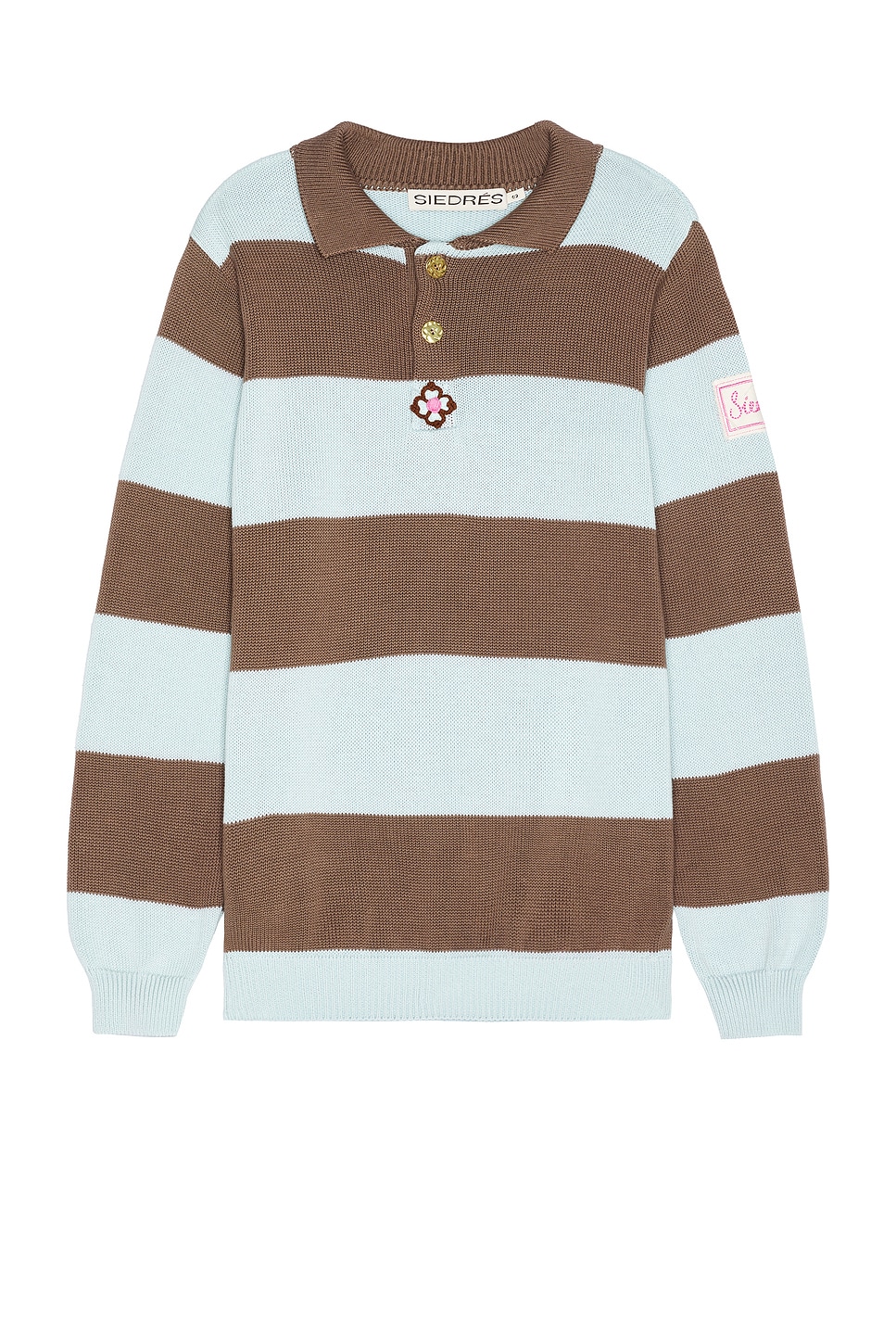 Image 1 of SIEDRES Ole Flower Crochet Detailed Striped Polo Sweater in Brown