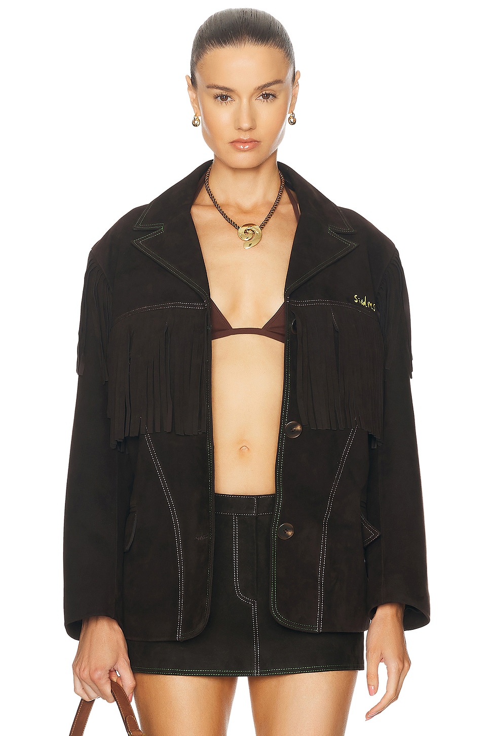 Shop Siedres For Fwrd Suede Fringe Jacket In Dark Brown