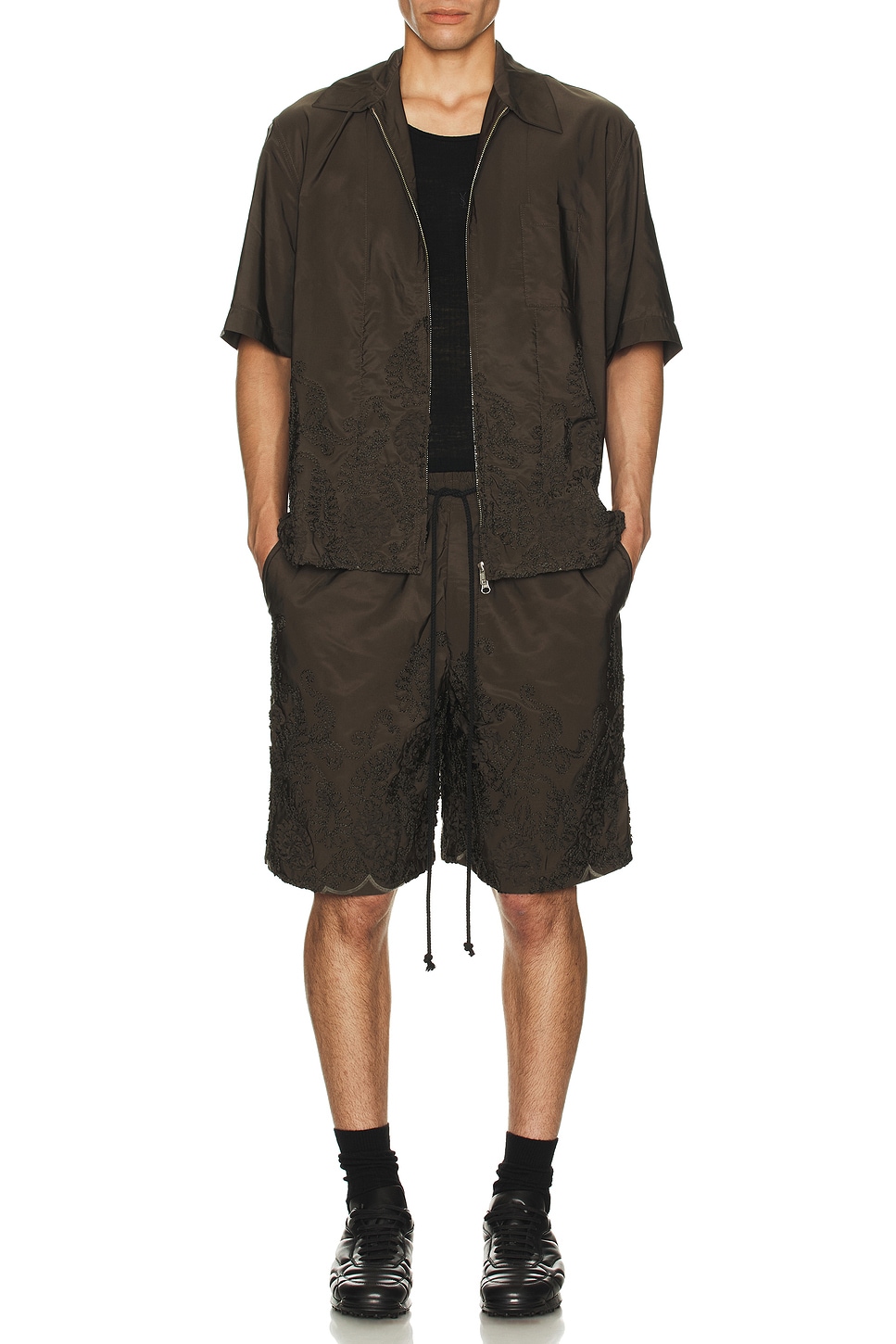 Image 1 of Song for the Mute Zip Up Box Shirt in Deep Green