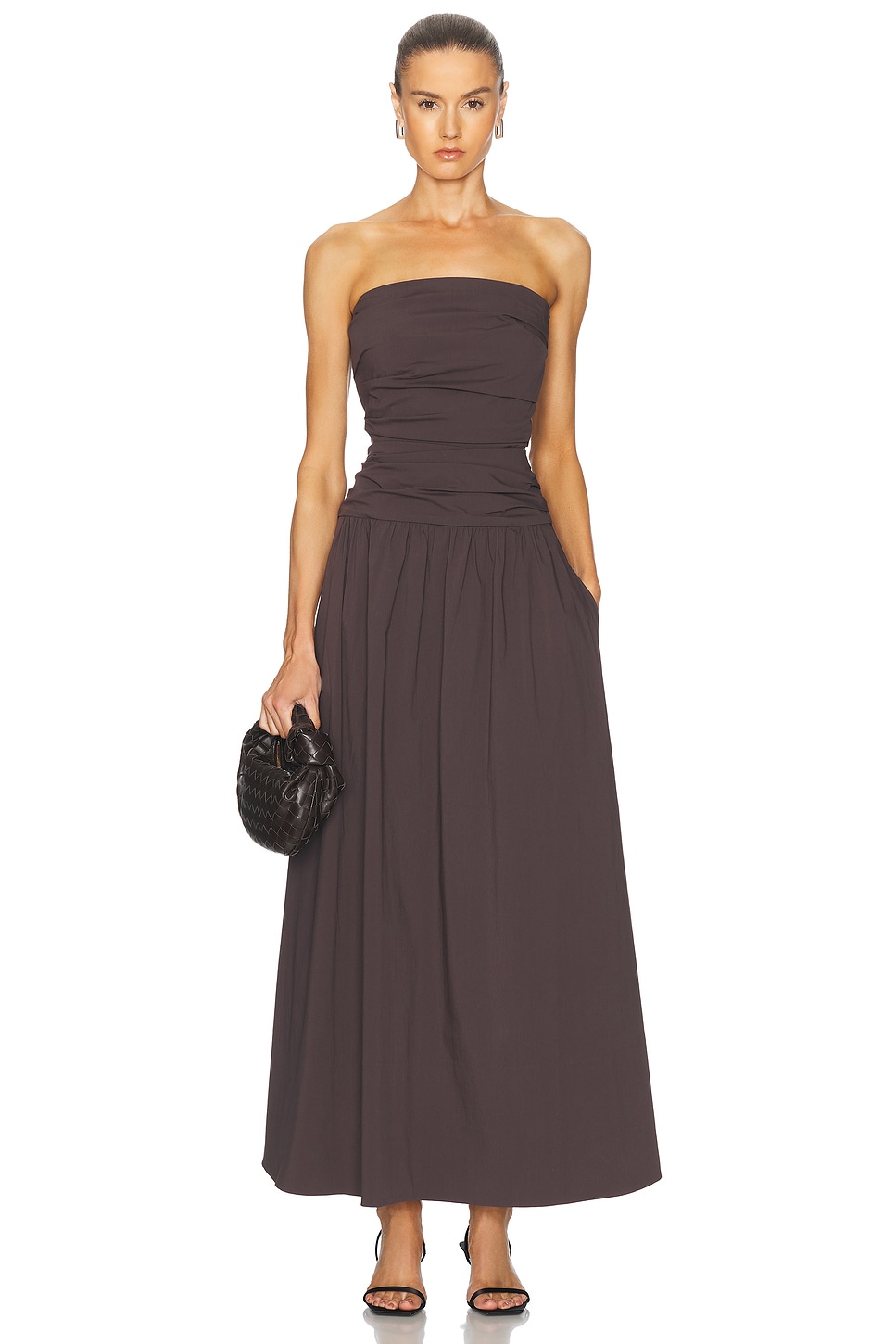 Image 1 of St. Agni Gathered Strapless Tie Back Dress in Chocolate Plum