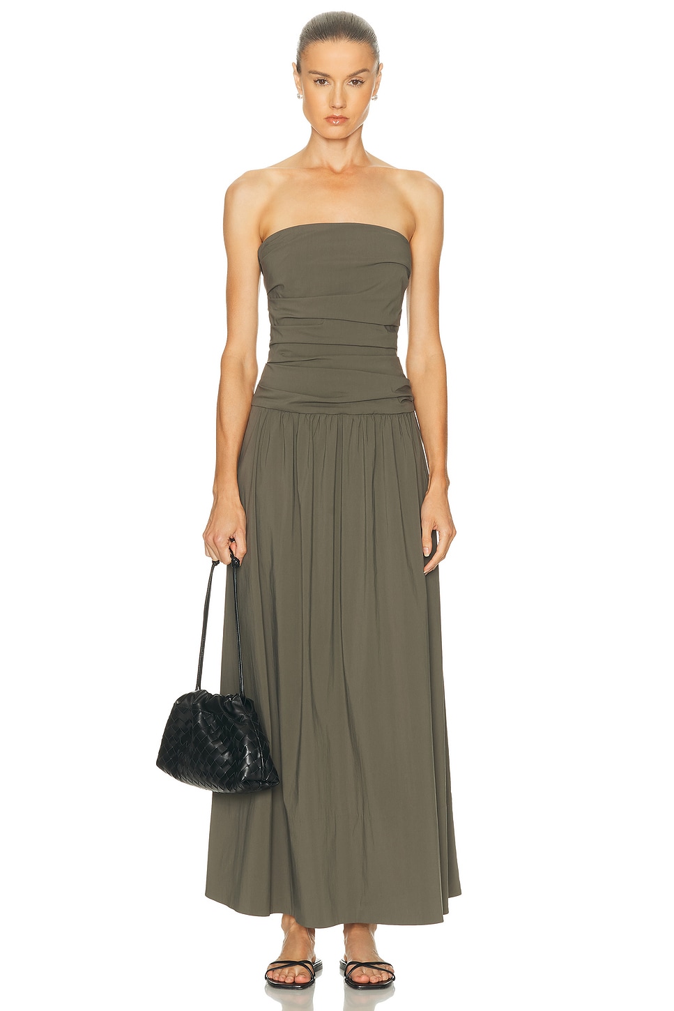 St Agni Gathered Strapless Tie Back Dress In Brown