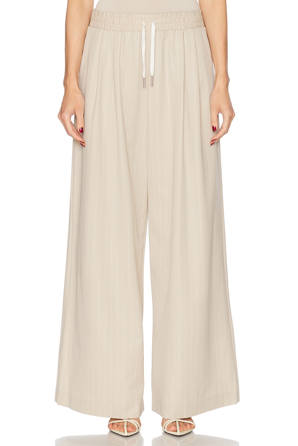 Pinstripe Wool Drawstring Pant in Beige