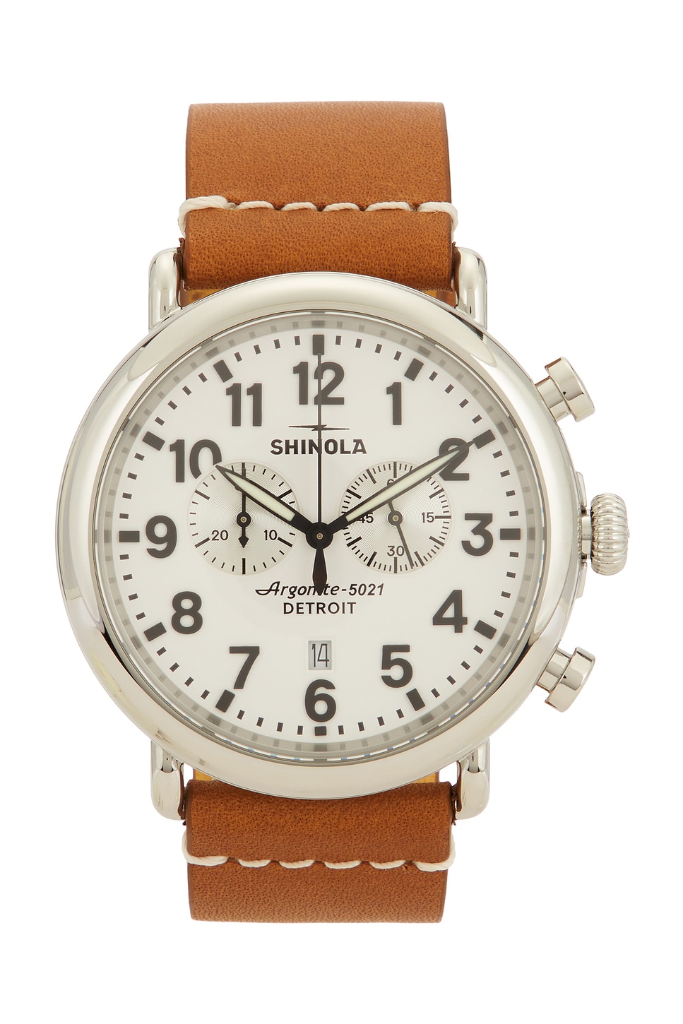 Runwell 2 Eye Chrono 47mm Watch Camel Leather Strap in White