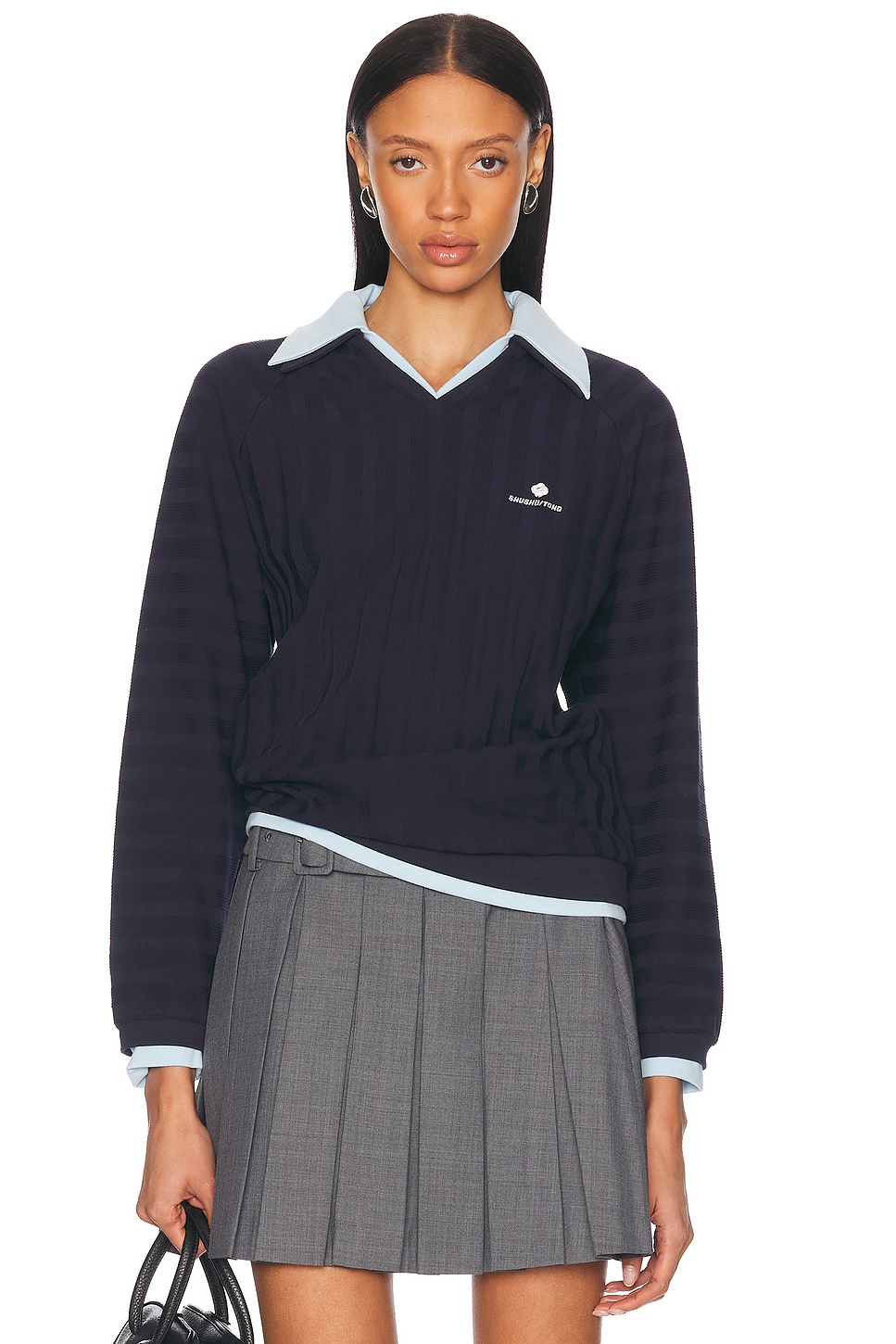 Image 1 of Shushu/Tong Striped Knitted Long Sleeve Sweatshirt in Navy Blue