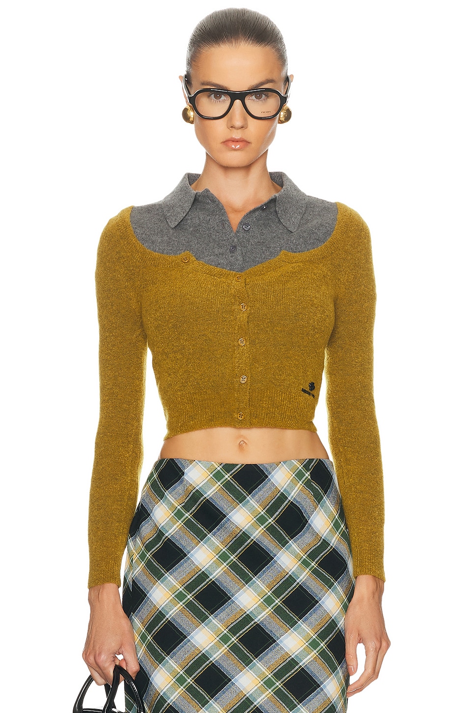 Image 1 of Shushu/Tong Wide Round Neck Fitted Cardigan in Yellow & Green