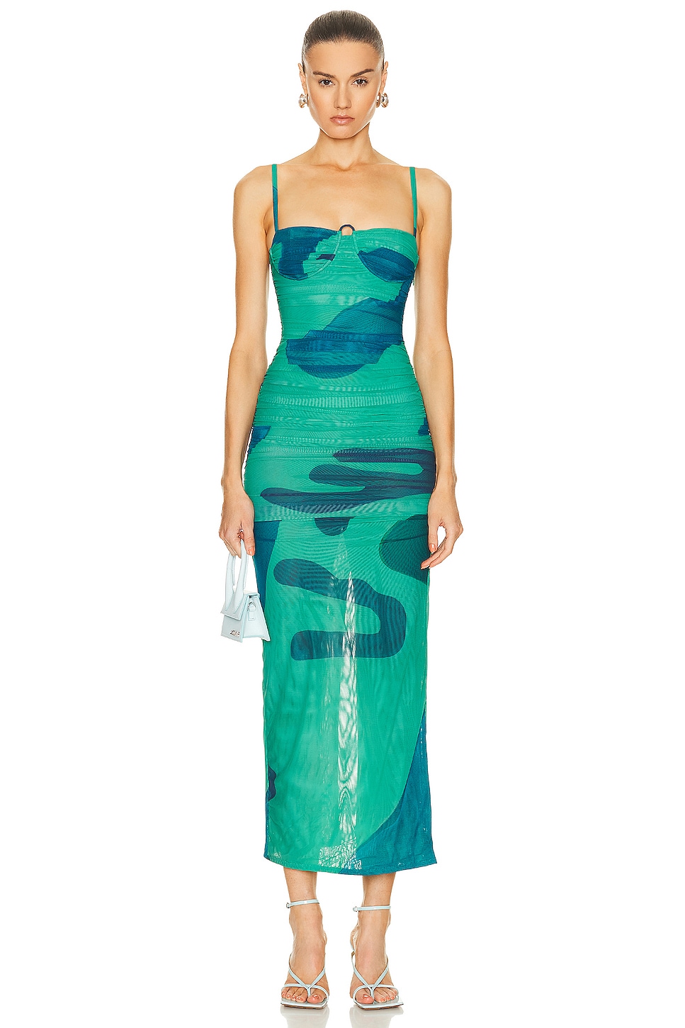 Image 1 of SIR. Frankie Gathered Midi Dress in Emerald Reflection
