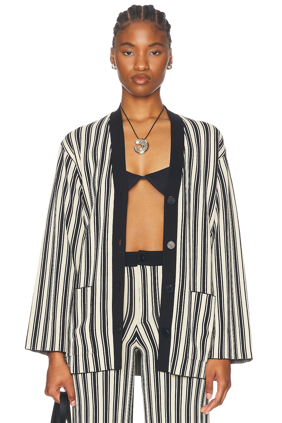 Image 1 of SIMONMILLER Max Belted Knit Cardigan in Black & Rice Flour Stripe