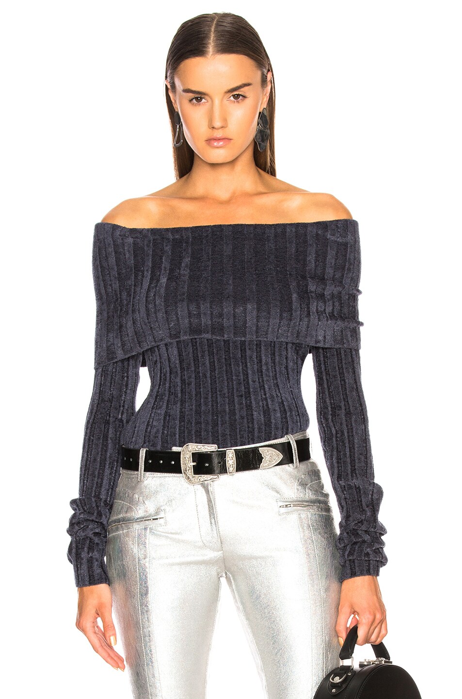 Image 1 of Sies Marjan Daphne Velour Rib Off Shoulder Sweater in Graphite