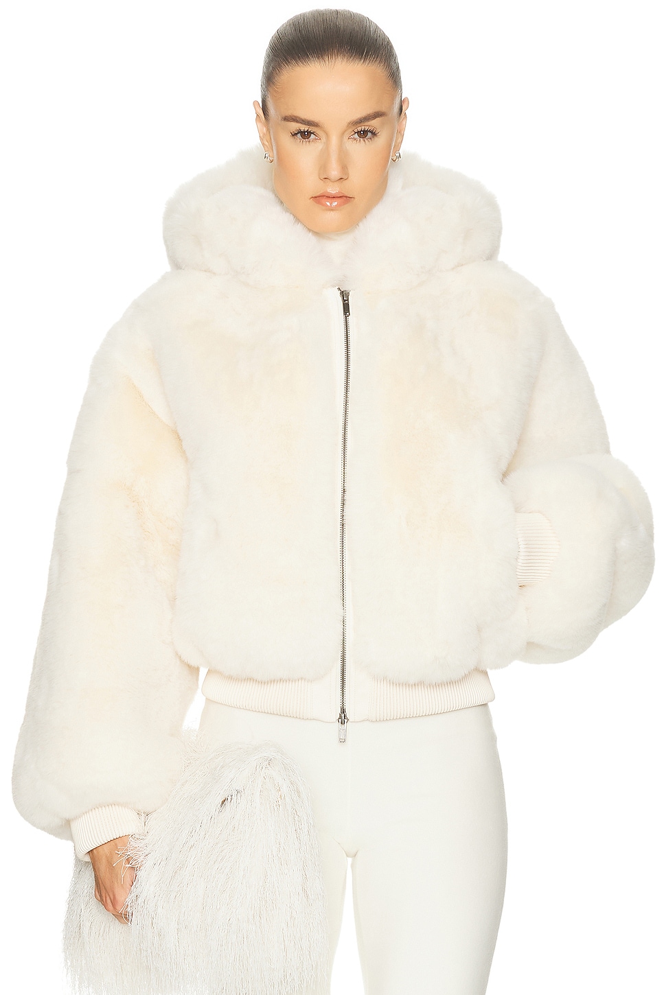 Skims Ski Faux Fur Shrunken Zip Up Jacket In White