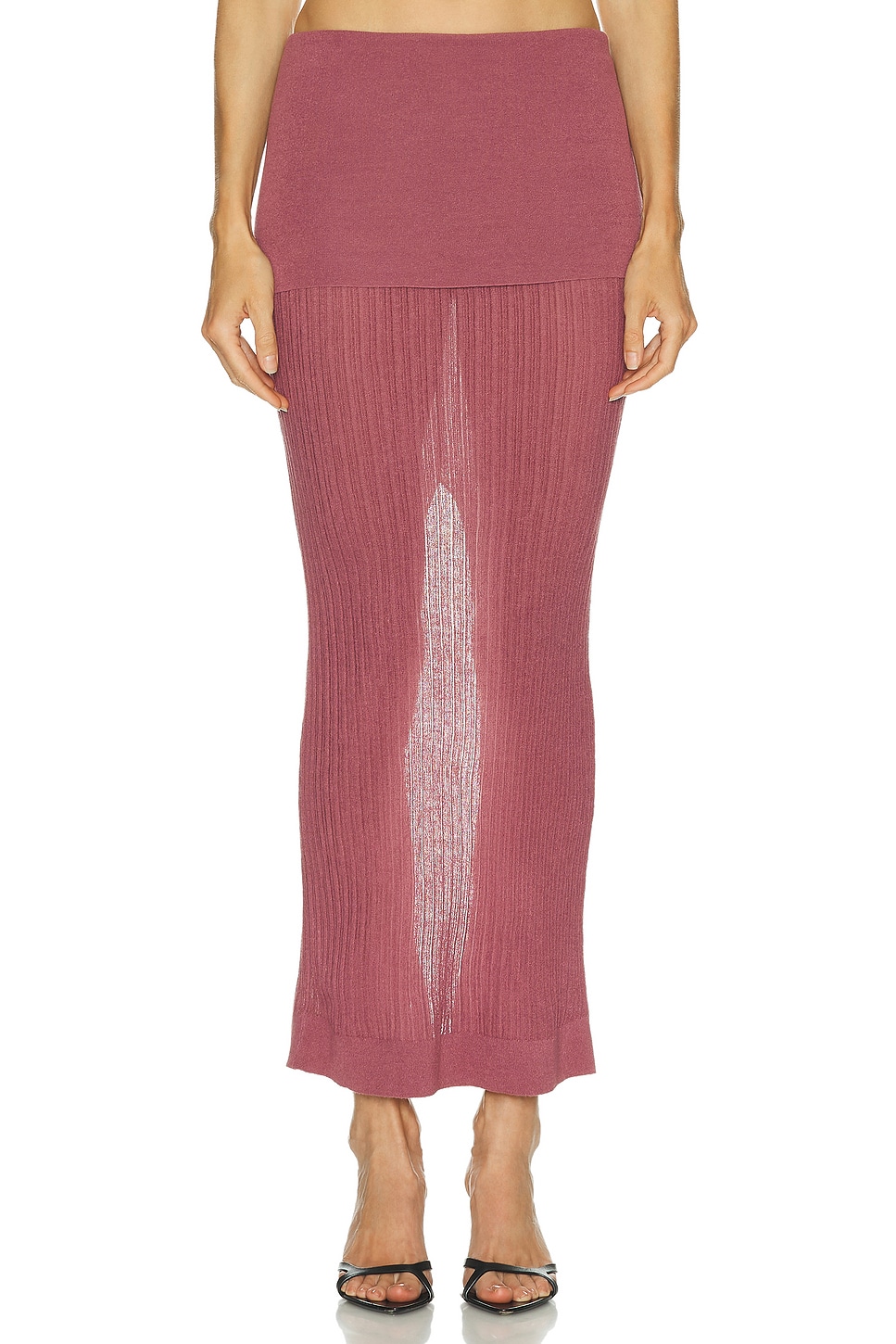 Image 1 of SKIMS Sheer Knit Fold Over Maxi Skirt in Beet