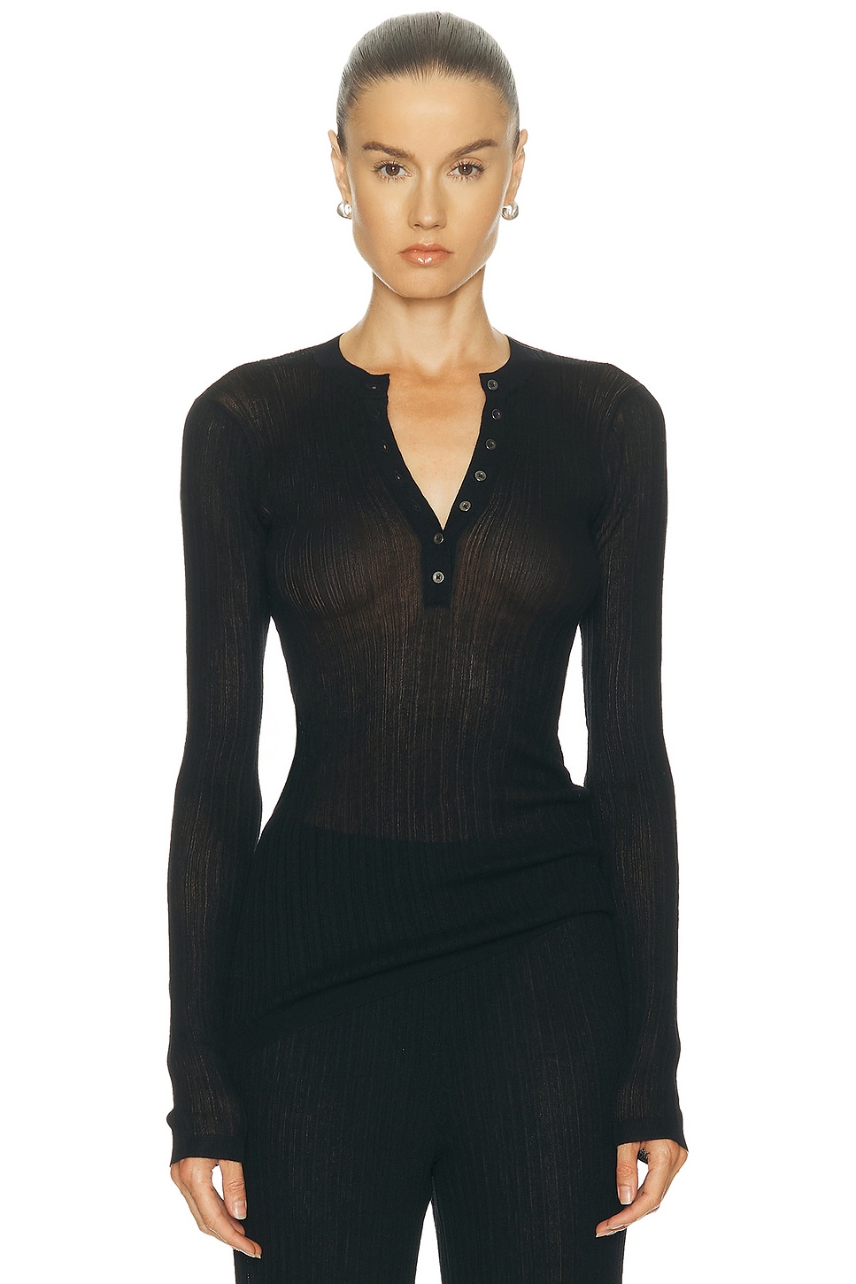 Image 1 of SKIMS Sheer Knit Long Sleeve Henley Top in Onyx