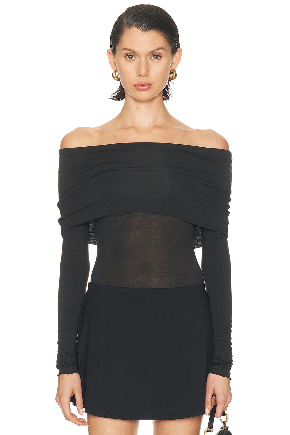 Image 1 of SKIMS Sheer Modal Off Shoulder Long Sleeve Top in Onyx