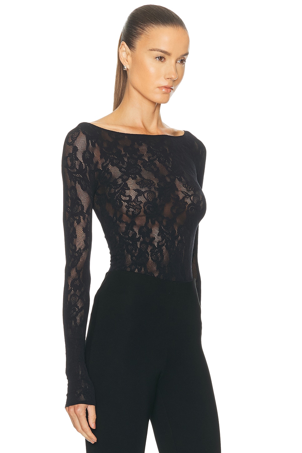 Skims Knit Lace Long Sleeve Boatneck Top In Black