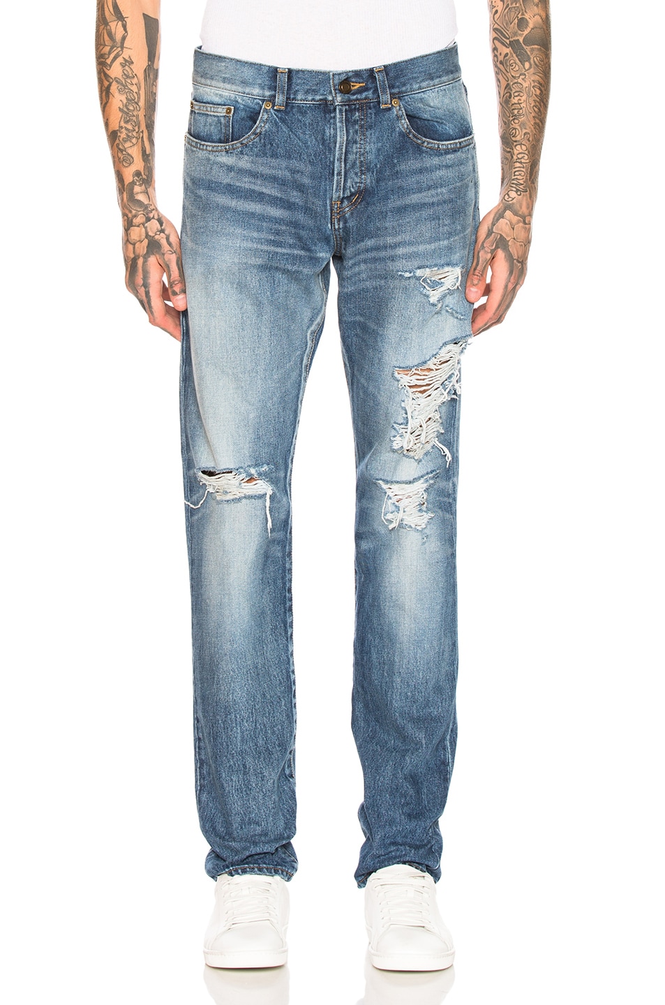Image 1 of Saint Laurent Distressed Skinny Jeans in Faded Medium Blue