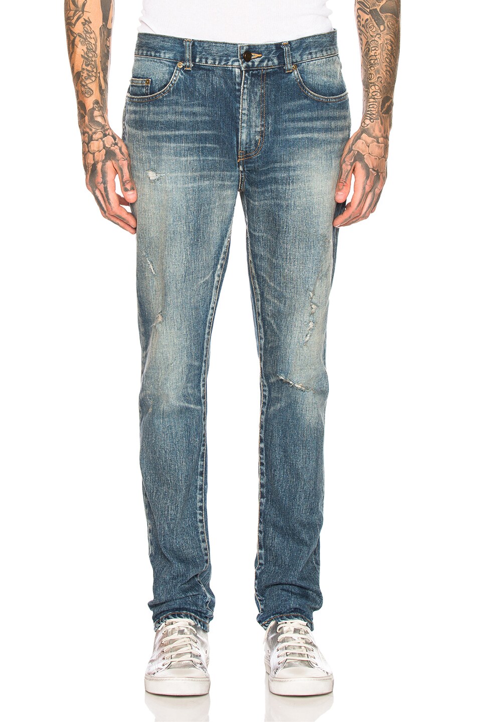 Image 1 of Saint Laurent Low Waist Skinny Jeans in Faded Medium Blue
