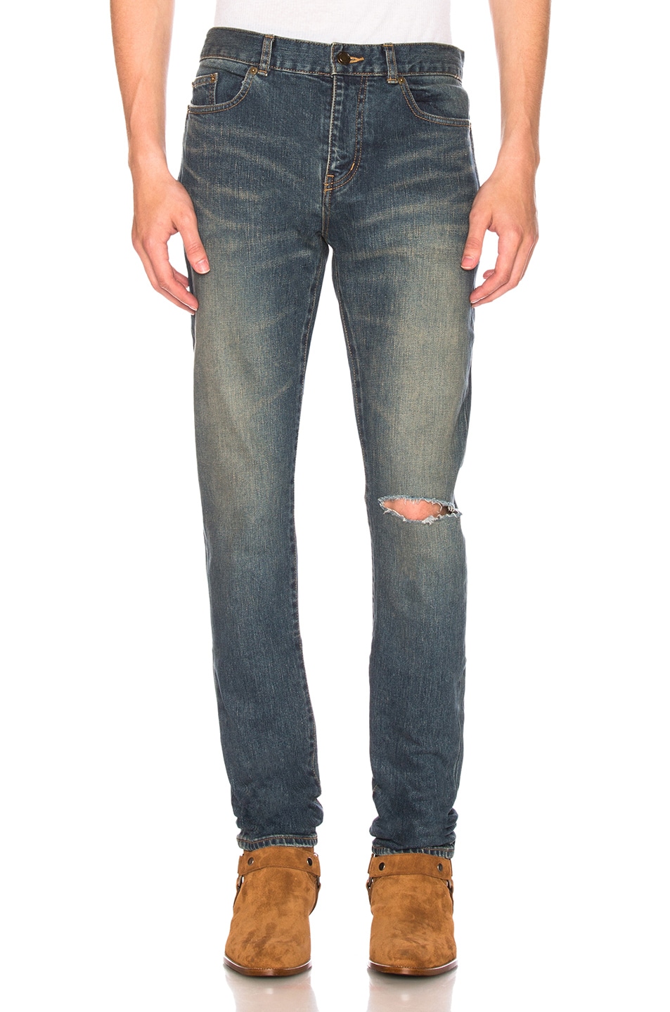 Image 1 of Saint Laurent Low Rise Destroyed Skinny Jeans in Blue
