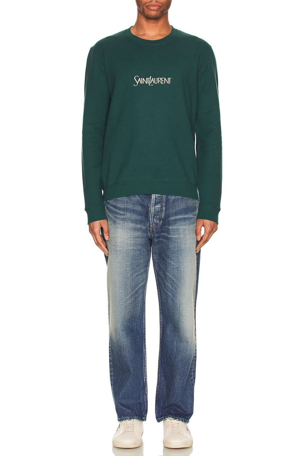 Image 1 of Saint Laurent Classique Old School Sweater in Vert & Naturel