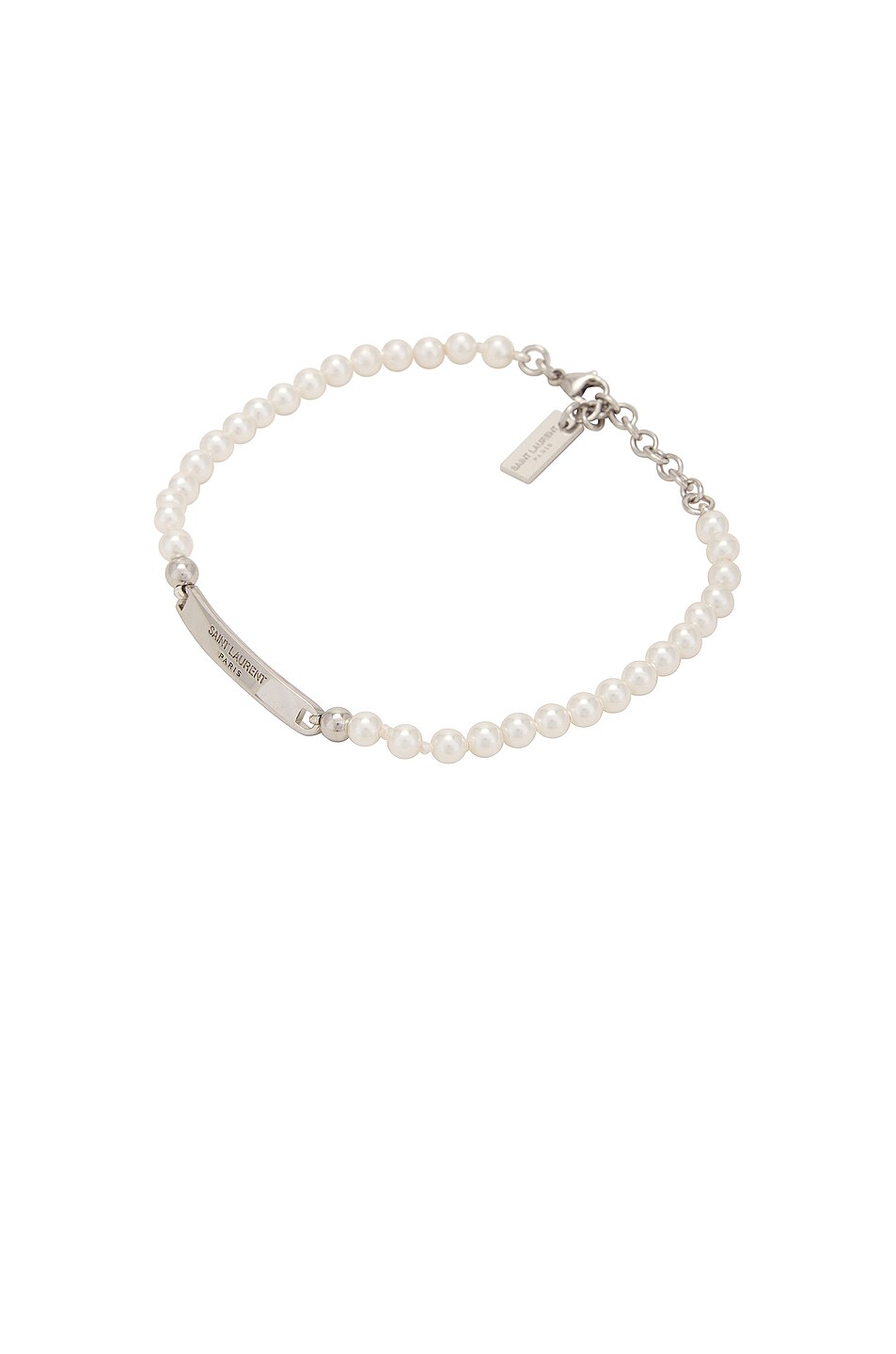 Image 1 of Saint Laurent Elastic Tag & Pearl Bracelet in Oxidized Silver & Cream
