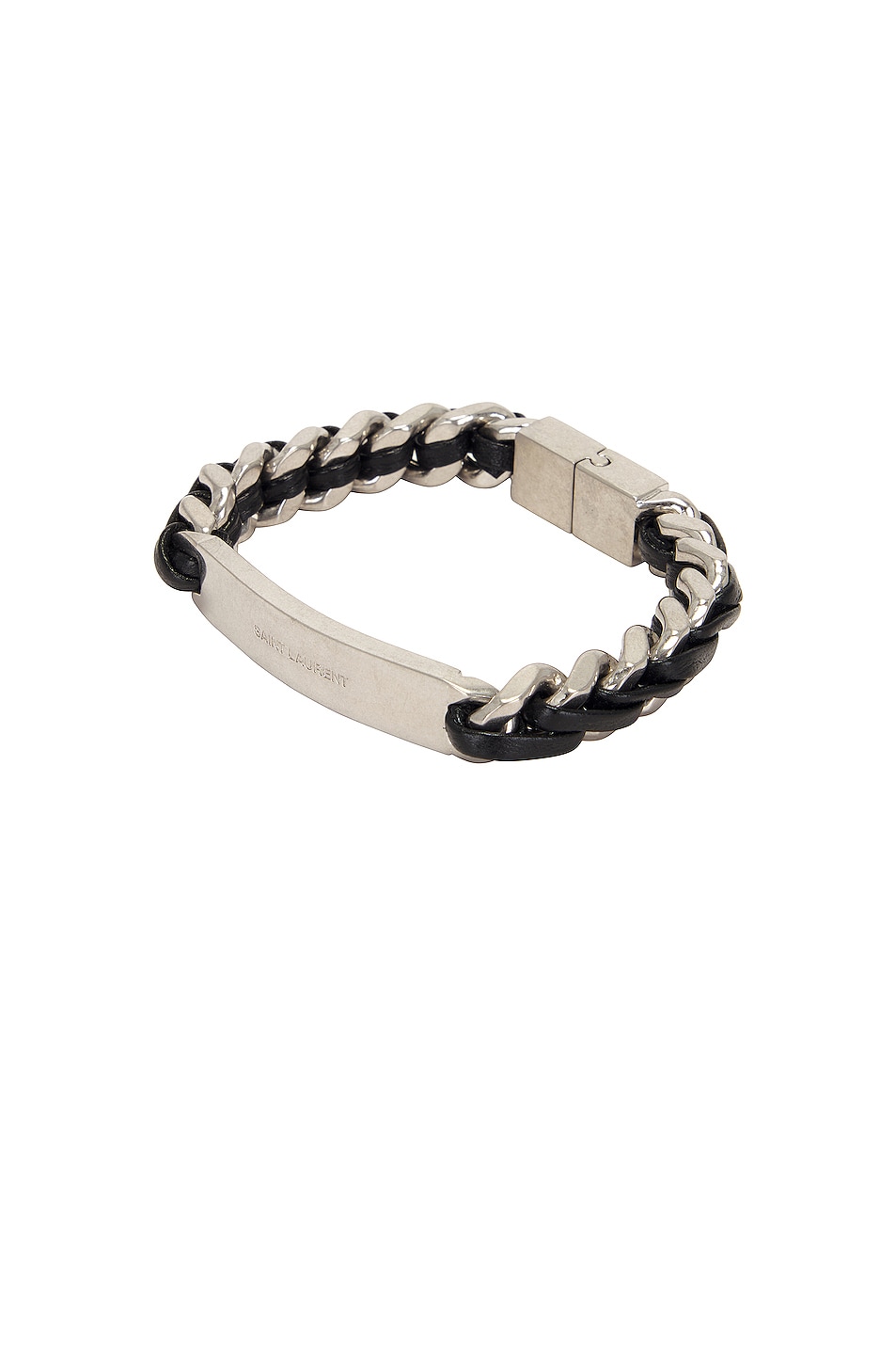 Image 1 of Saint Laurent Tag Curb Chain & Leather Bracelet in Black & Oxidized Nickel