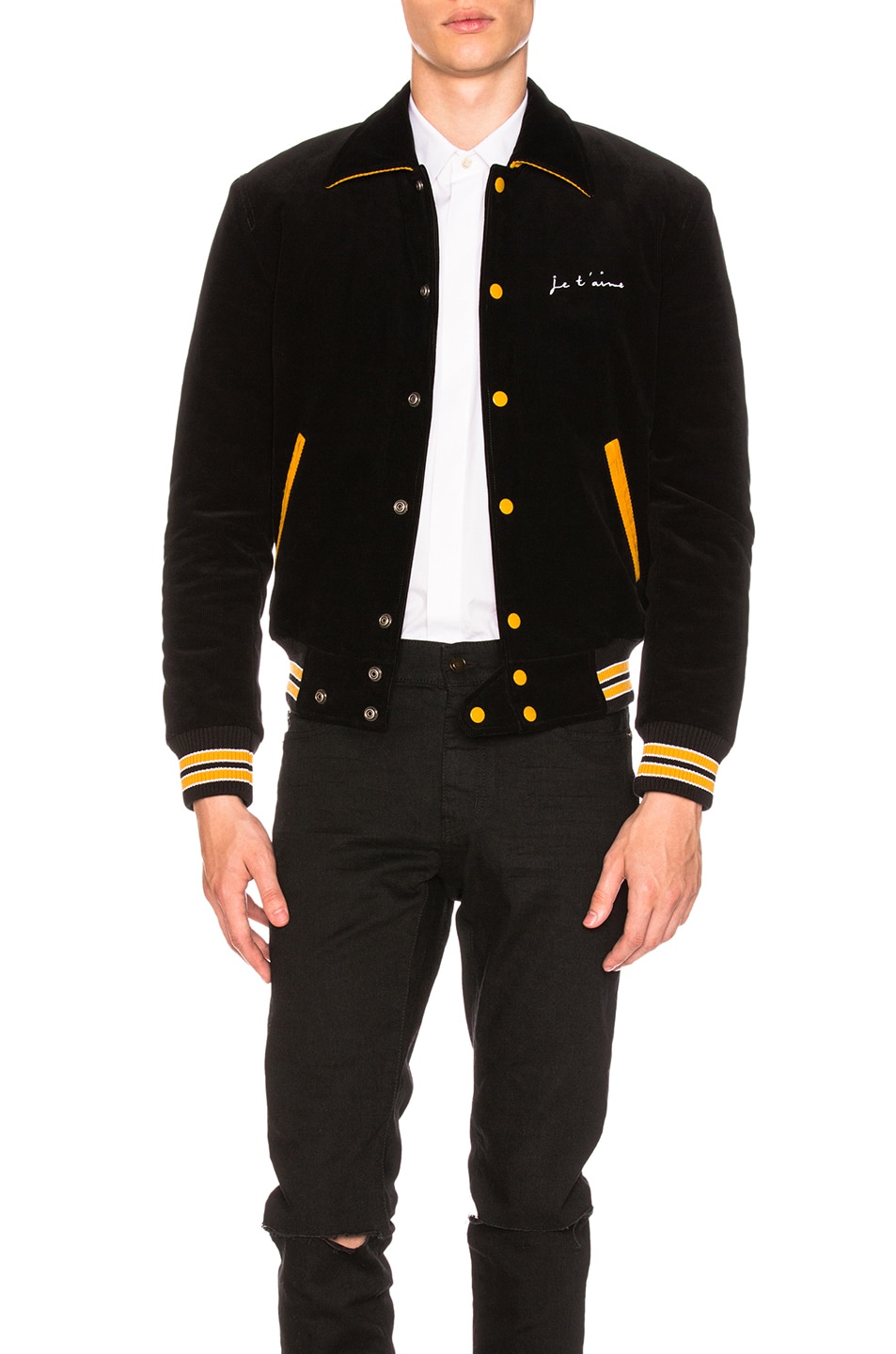 Image 1 of Saint Laurent Je T'Aime Velvet Bomber Jacket in Black & Yellow