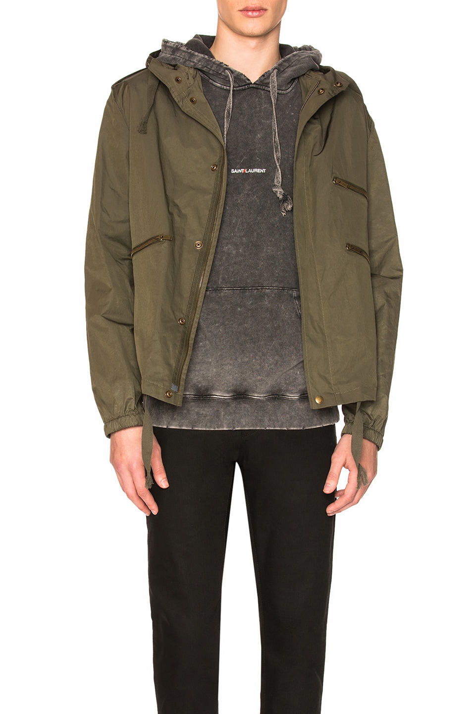 Image 1 of Saint Laurent Hooded Military Jacket in Olive Green