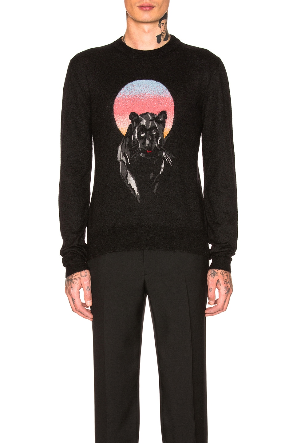 Image 1 of Saint Laurent Panther Jacquard Wool Crew in Black & Multicolor