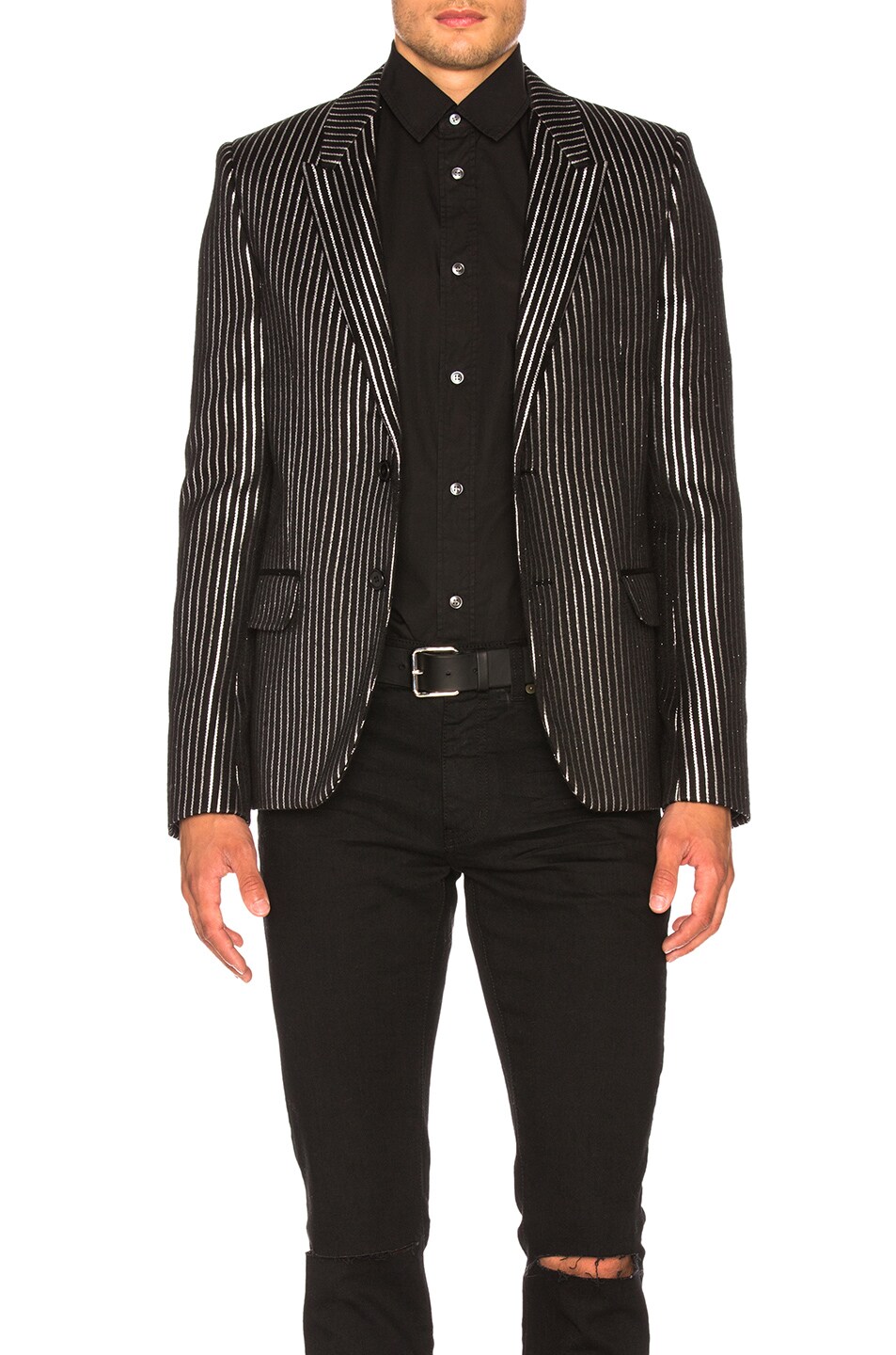 Image 1 of Saint Laurent Striped Tuxedo Jacket in Black & Silver