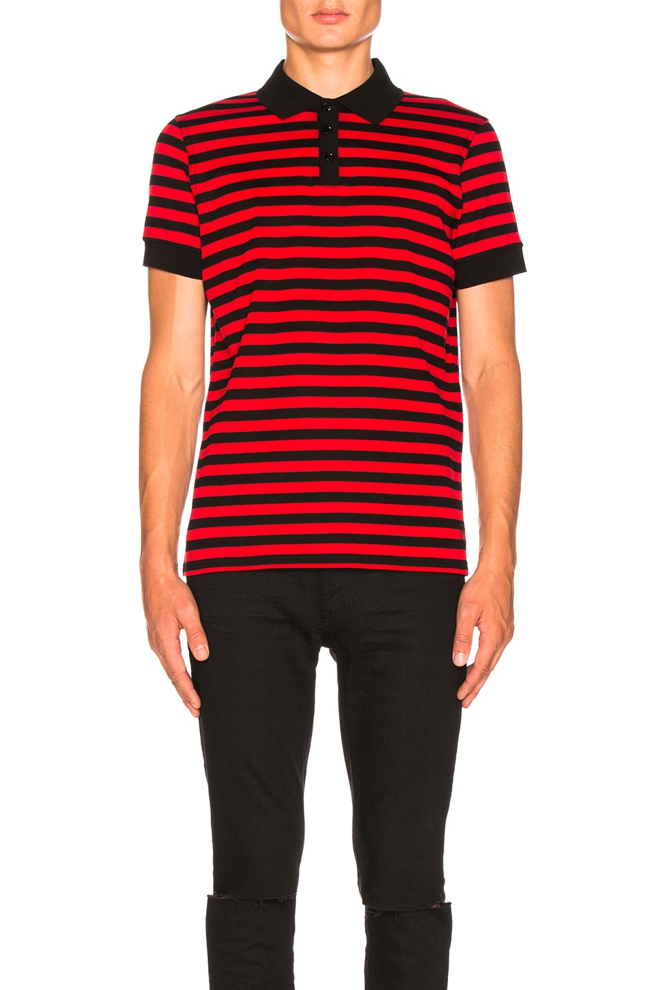 Image 1 of Saint Laurent Striped Polo in Black & Red