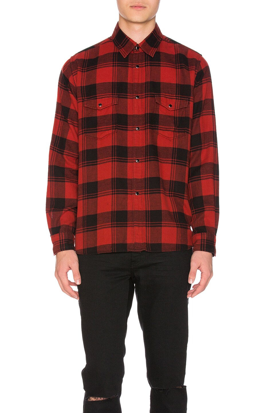Image 1 of Saint Laurent Double Front Patch Pocket Plaid Shirt in Black & Red